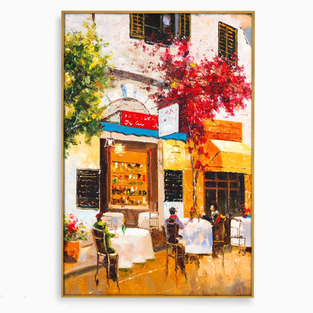 Tablou canvas cu pictura stradala cu terasa, in rama de aluminiu auriu